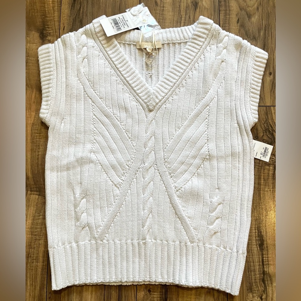 $265 ETCETERA STRAWFLOWER White Cable-Knit V-Neck Sweater Preppy Vest in White M